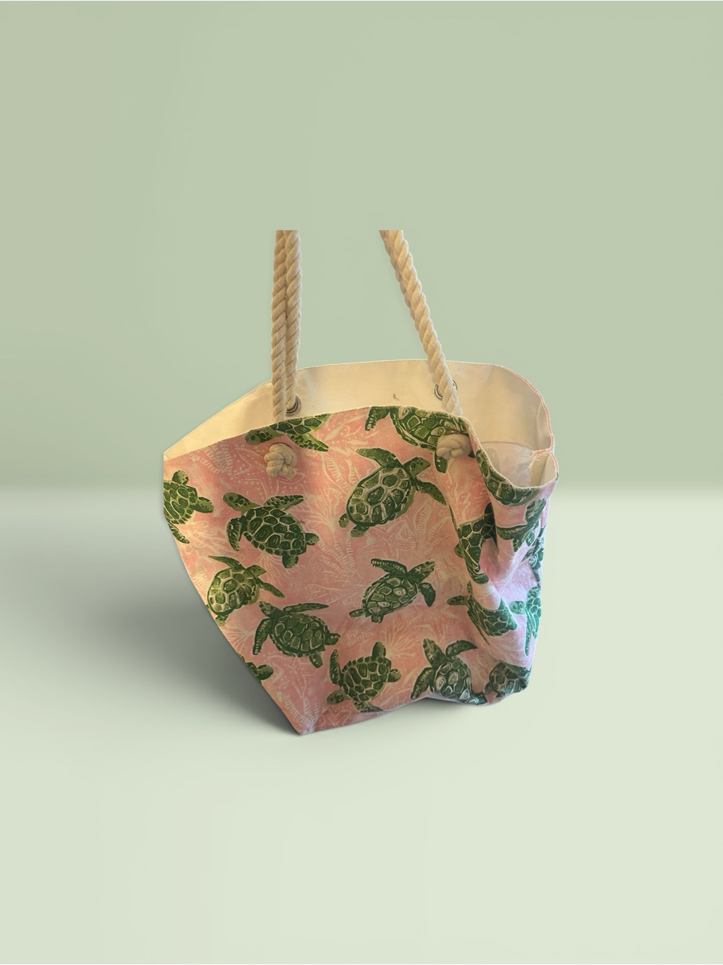 Canvas Tote Bag With Green Turtle Print - Pink